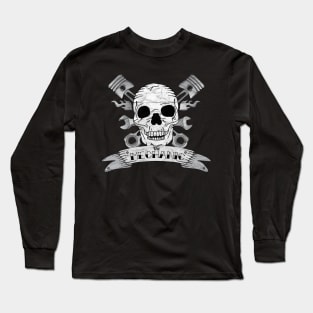 Vintage Mechanic Skull and Crossed Pistons Long Sleeve T-Shirt